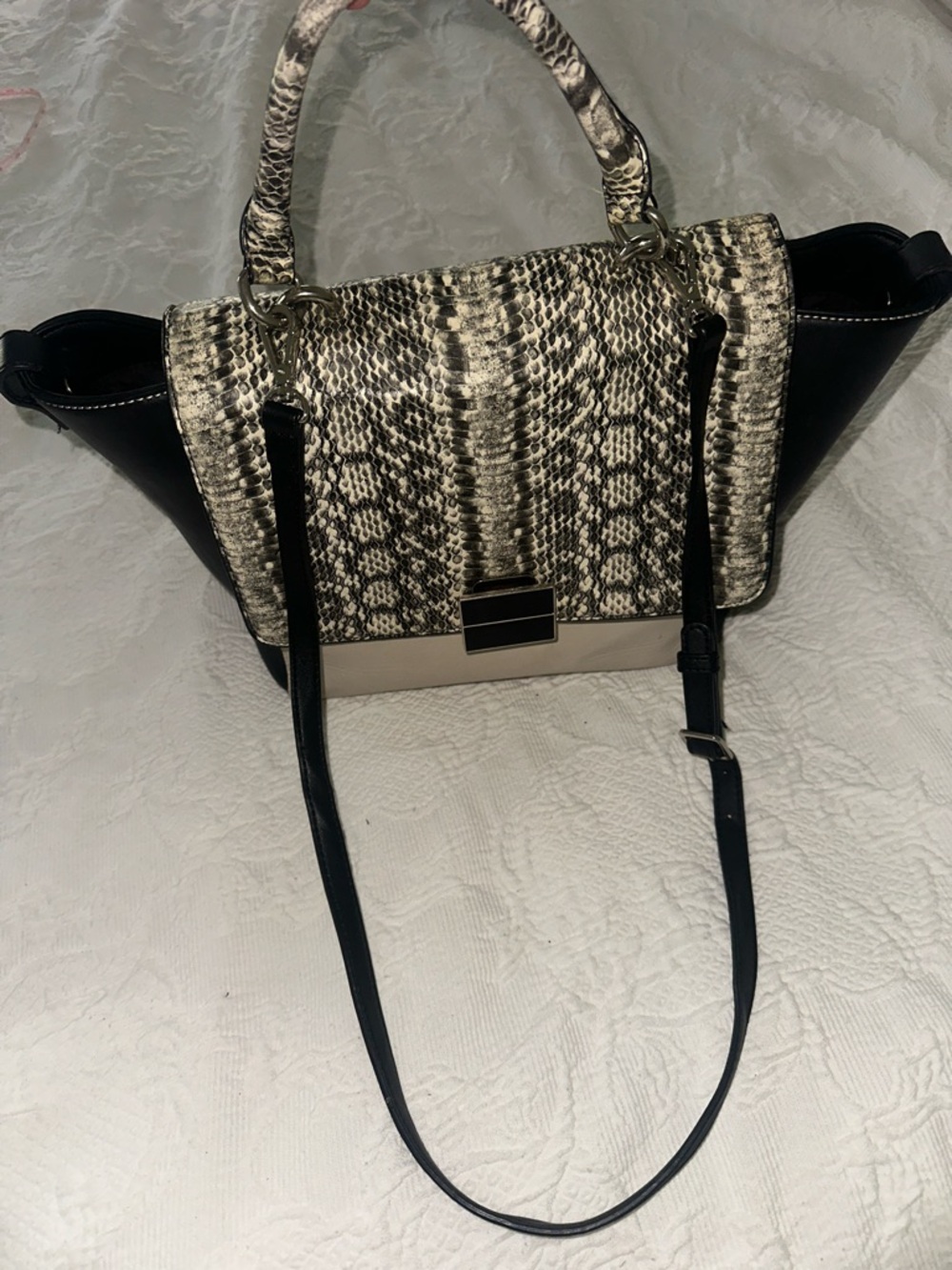 Nine West Textured Snake-Print Satchel in Black & Cream
